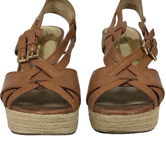 Michael Kors Keli Wedge Leather Espadrille Crossover Heel Sandal Brown Tan 8.5 - Picture 4 of 12